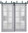 Two Door Sliding Barn Doors Set For Interiors With Frosted Glass And Solid Wood Panels In Black Finish 84 By 96 Inches Classic Farmhouse Style Hardware Included