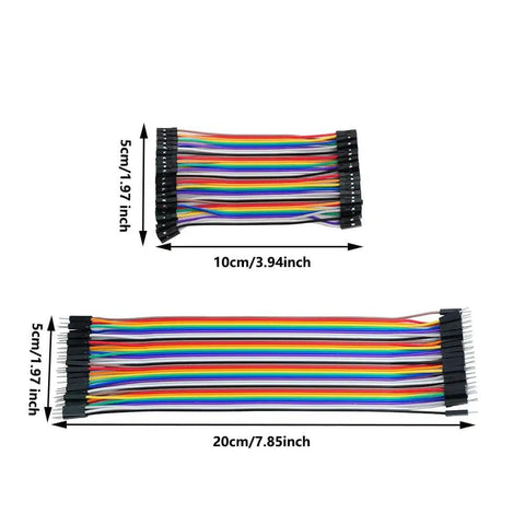 Multicolored Jumper Wire Kit With 240 Pieces showing 10cm and 20cm breadboard prototyping wires, plug and play 2.54mm pitch.