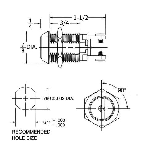Technical diagram of On Off 2252 Key Switch Maintained With Screw Terminal Lock, dimensions and specifications shown