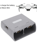 Portable Smart Dual Battery Charger Hub For Drones showing two battery slots and USB port for Mavic Mini charging.