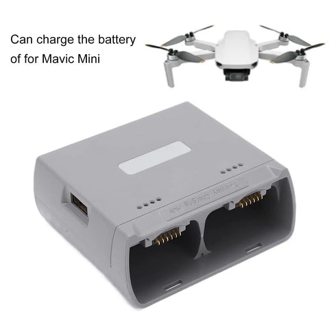 Portable Smart Dual Battery Charger Hub For Drones showing two battery slots and USB port for Mavic Mini charging.