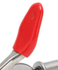 Close-up of red handle on stainless steel toggle clamp with quick release, heavy duty welding fixture hand tool