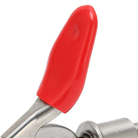 Close-up of red handle on stainless steel toggle clamp with quick release, heavy duty welding fixture hand tool