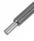 Close-up of Professional Grade Stainless Steel Spring Loaded Plunger Pin Cabinet Latch with threaded shaft and smooth end, ideal for kitchen doors.