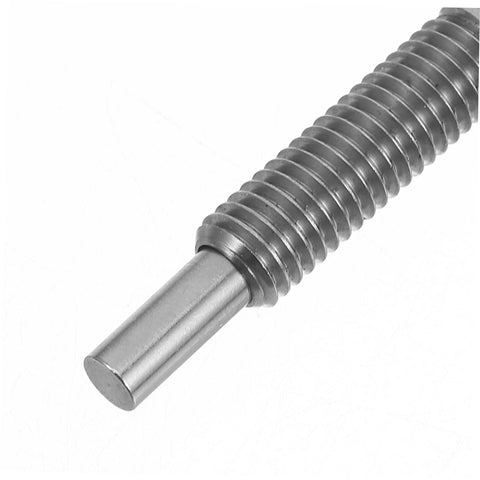 Close-up of Professional Grade Stainless Steel Spring Loaded Plunger Pin Cabinet Latch with threaded shaft and smooth end, ideal for kitchen doors.