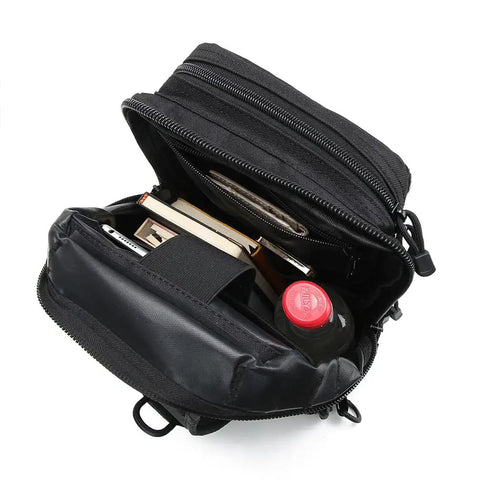 Open view of Compact Tactical Travel Sling Bag With Molle System Crossbody Shoulder Pack showing interior compartments and contents