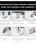 AKM 338Pc thread repair kit with HSS drill; six-step diagram showing drilling, tapping, helicoil inserts, final repair.