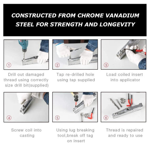 AKM 338Pc thread repair kit with HSS drill; six-step diagram showing drilling, tapping, helicoil inserts, final repair.