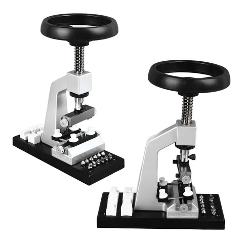 Pro Grade Watch Case Back Opener Bench Tool with metal base and 12 chucks for oyster style covers, black metal finish