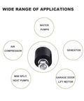 Diagram showing applications for garage door opener vibration isolator kit including water pumps, generators, air compressors.