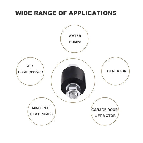 Diagram showing applications for garage door opener vibration isolator kit including water pumps, generators, air compressors.