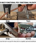 All-In-One Grab-And-Go Pocket Multi-Tool Grip - Stainless Steel EDC Pliers With Adjustable Jaw, Wire Cutter, Hex Wrenches 6-14mm, Bottle Opener, Chomping Zone And Edge Nipping Point For Home Repairs, Camping, And Cycling shown gripping wire, turning bolt, snipping cable, and screwing