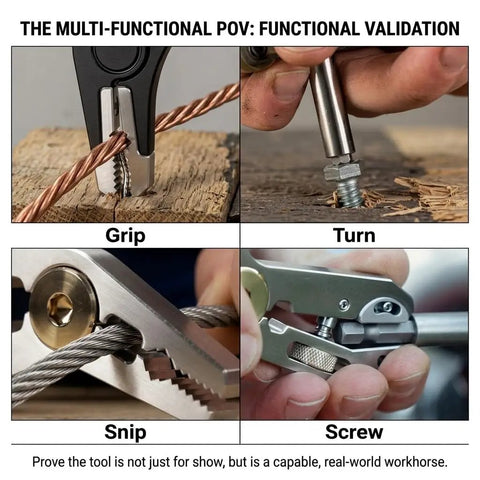 All-In-One Grab-And-Go Pocket Multi-Tool Grip - Stainless Steel EDC Pliers With Adjustable Jaw, Wire Cutter, Hex Wrenches 6-14mm, Bottle Opener, Chomping Zone And Edge Nipping Point For Home Repairs, Camping, And Cycling shown gripping wire, turning bolt, snipping cable, and screwing