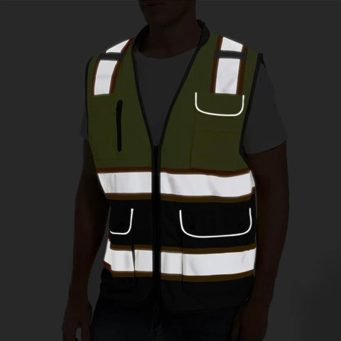 High Visibility Reflective Safety Vest For Men And Women With Dual Tone Yellow And Black Strips For Construction And Night Time Work Wear Large Size.