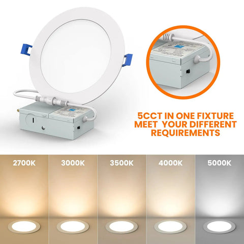 Six Pack Ultra Thin 6 Inch LED Recessed Ceiling Lights With Junction Box No Hassle Install showcase, 5CCT dimmable range display