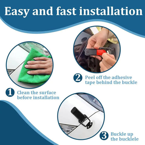 Steps showing cleaning, peeling adhesive, and buckling Universal Car Bumper Clips 2 Pack, Quick Release Security Hook Lock on car bumper.