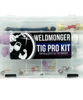 TIG Pro Kit For No 9 And 20 Style Torches With Premium Consumables shown in clear box with parts for pro welders.