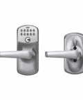 Front and back view of Plymouth Satin Chrome Light Commercial Electronic Keypad Entry Lock With Elan Lever For Exterior Doors
