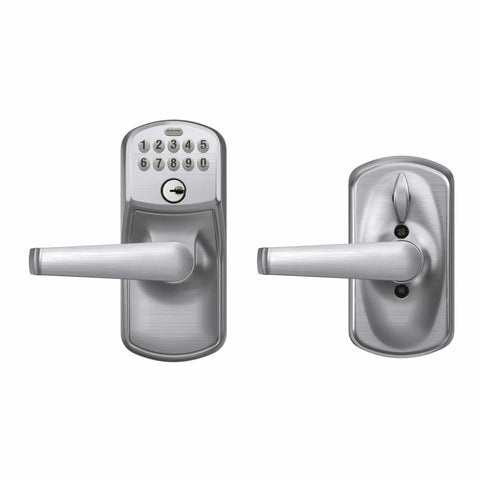Front and back view of Plymouth Satin Chrome Light Commercial Electronic Keypad Entry Lock With Elan Lever For Exterior Doors