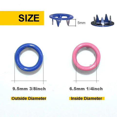 200 Piece Snap Fastener Tool Kit With 10 Color Options Solid And Hollow 9.5mm Metal Eyelets for Shoes Clothes Crafts size diagram