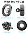 Kaistyle MagSafe car mount kit components: 1 magnet head, 1 adhesive base, 1 metal hook, 1 metal ring.