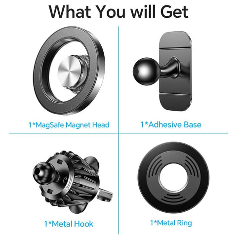 Kaistyle MagSafe car mount kit components: 1 magnet head, 1 adhesive base, 1 metal hook, 1 metal ring.