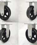 Super Smooth Rolling 6 Inch Steel Caster Wheels Set Of Four With 7/8-Inch V Groove Guide, 1000 Lb Load Per Wheel, angle view showing sturdy silver mount and black wheel.