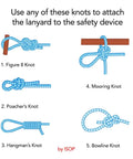Diagram with five knot types for Pet Fire Escape Bag For Dogs And Cats Up To 55 Pounds With 50 Foot Rescue Rope Instructions.