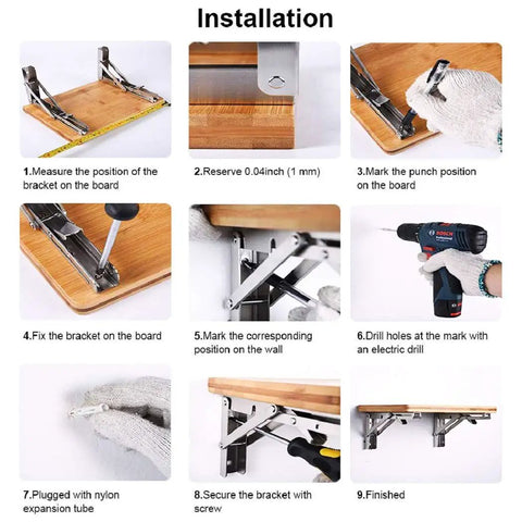 Installation steps for Black Powder Coated Folding Shelf Brackets 10 Inch Heavy Duty Metal Collapsible Shelf Brackets