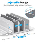 Dual Dock Vertical Laptop Stand With Aluminum Desktop Frame, Adjustable Width for two 17.3 inch laptops, close-up view.