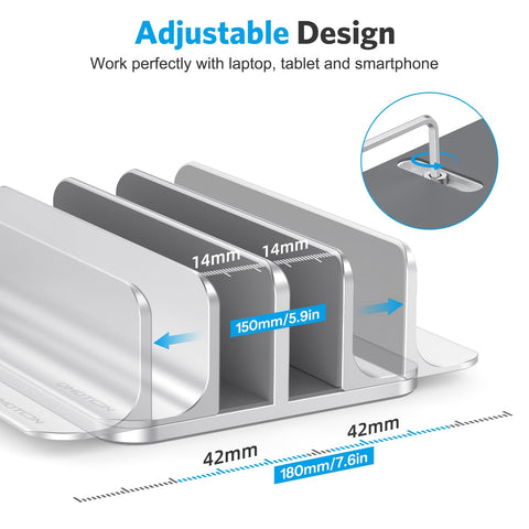 Dual Dock Vertical Laptop Stand With Aluminum Desktop Frame, Adjustable Width for two 17.3 inch laptops, close-up view.