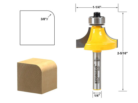 Pro Level Router Bit With Killer Sharp 3/8 Inch Radius Round Over Edge Design 1/4 Inch Shank Premium Tungsten Carbide Blade dimensions and shape details