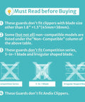 Diagram showing clipper guards are not compatible with specific blades: Competition Series, 5-in-1 Blade, Irregular Shaped Blade.