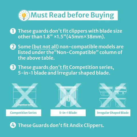 Diagram showing clipper guards are not compatible with specific blades: Competition Series, 5-in-1 Blade, Irregular Shaped Blade.