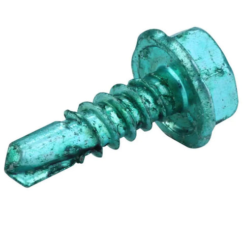 Top Shelf 1/2 Inch Number Ten Self Tapping Screws Box Of 100 showing a green rust resistant screw with hex head.