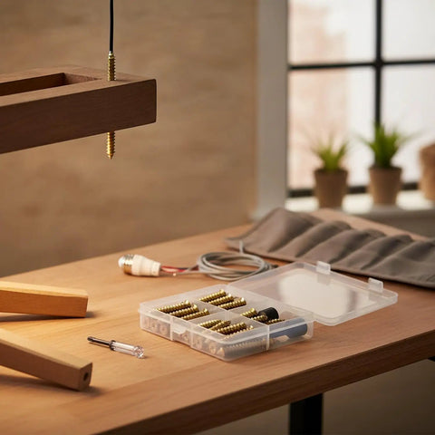 21-Piece Hanger Bolt Kit With Driver Tool for Furniture Leg Assembly on a table, showing double-ended screws and drill driver