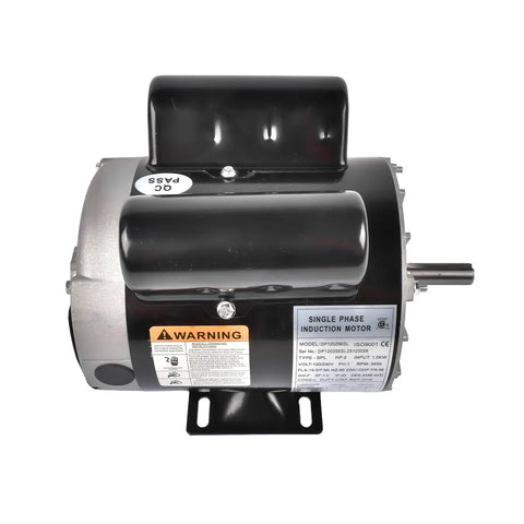 Garage Grade Electric Motor Optimized For Air Compressor Workflows Yields Two Hp Single Phase with warning label and black housing