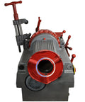 Heavy Duty One Hundred Ten Volt Electric Pipe Threading Machine And Half Inch To Three Inch Threader Kit front view with alloy steel fittings.
