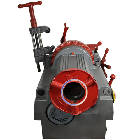 Heavy Duty One Hundred Ten Volt Electric Pipe Threading Machine And Half Inch To Three Inch Threader Kit front view with alloy steel fittings.