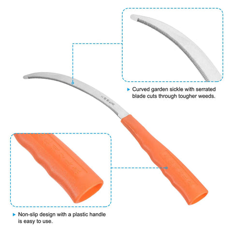10 Inch Serrated Sickle Set For Garden Weeding And Harvesting, curved stainless steel blades, orange non-slip plastic handle
