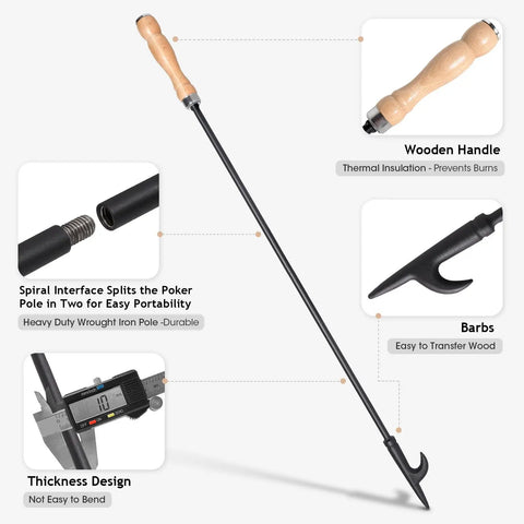 32 Inch Heavy Duty Campfire Poker With Wooden Handle For Fire Pit highlighted features - wooden handle, spiral interface, barbs, thickness design.