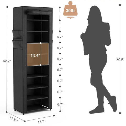 Tall 10 Tier Shoe Rack With Cover Narrow Free Standing Closet Organizer With Four Side Pockets Holds 18 To 22 Pairs Of Shoes.