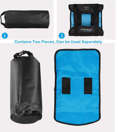 Waterproof Adjustable Capacity Bike Handlebar Bag With Detachable Dry Pack, showing separate black and blue components