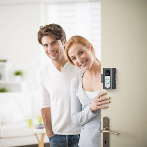 Couple using Anti-Theft Video Doorbell Mount For Most Video Doorbells Easy Install No-Drill Bracket on apartment door