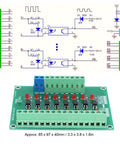 Diagram and image of 8 Channel Optical Isolation Module Workhorse 12 Volt to 3V3 Converter for PLCs with circuit schematic.
