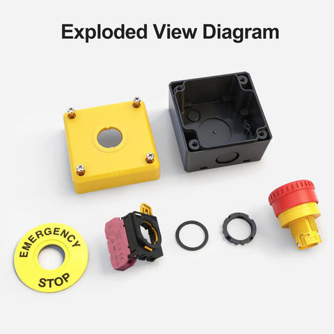 Exploded view of Red Emergency Stop Push Button Switch With Weatherproof Enclosure 1NC 10A 660V For Industrial Control Panels