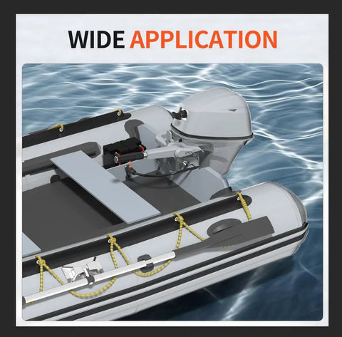Boat on water with outboard motor showing 100 Amp Trolling Motor Plug And Receptacle Set With Fast Locking 2 Pin Circular Connector