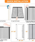 Installation steps for Black Magnetic Screen Door For Doors Up To 36x82 Inches, 39x83 Panel With Wide Border, showing door and screen dimensions.