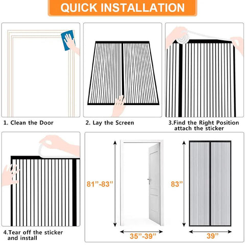Installation steps for Black Magnetic Screen Door For Doors Up To 36x82 Inches, 39x83 Panel With Wide Border, showing door and screen dimensions.