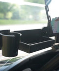 All In One Golf Cart Organizer Kit With Storage Tray, Phone Holder, Cooler And Cup Holder, Universal Aluminum Fit, close-up in use